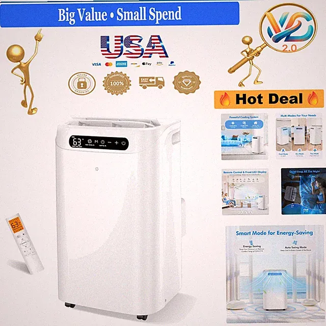 14000 BTU Portable Air Conditioner, Cool 700 Sq.Ft, Remote, Dehumidifier, Sle...
