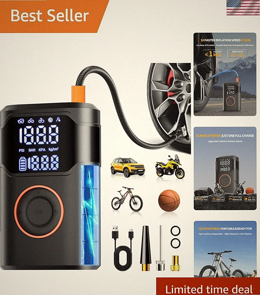 Portable Tire Inflator & Air Compressor - 150PSI with LED Light & Digital Gauge
